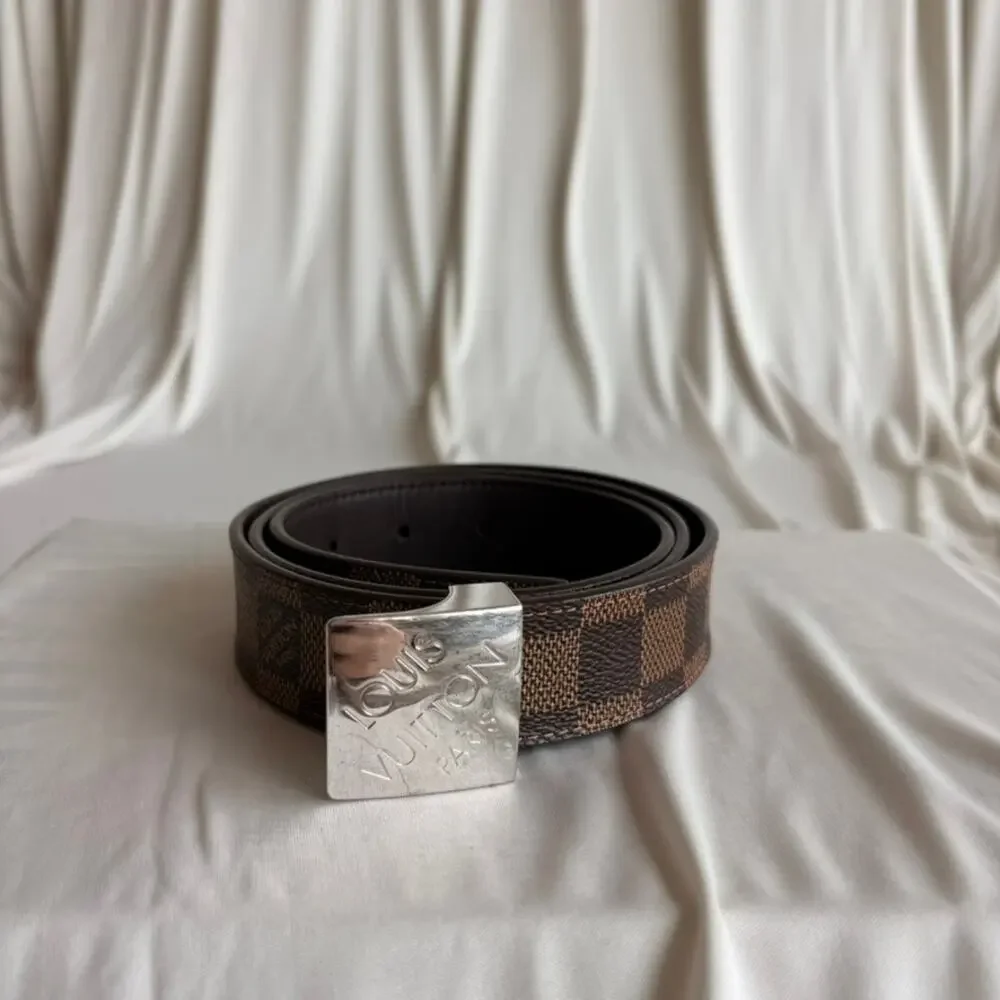 Louis Vuitton Damier Ebene Belt - Brown Checkered Canvas, Silver Buckle, Size 36